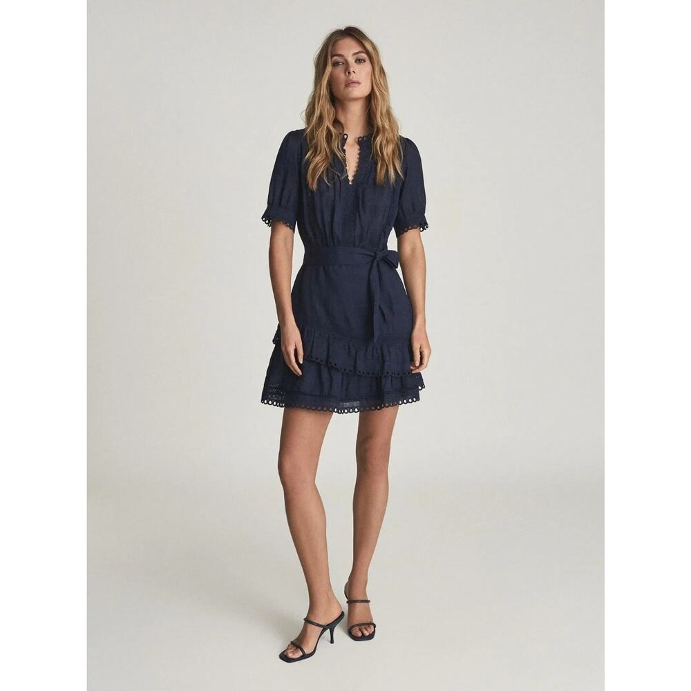 Reiss Paulina Embroidered Blue Cotton Mini Dress US 0